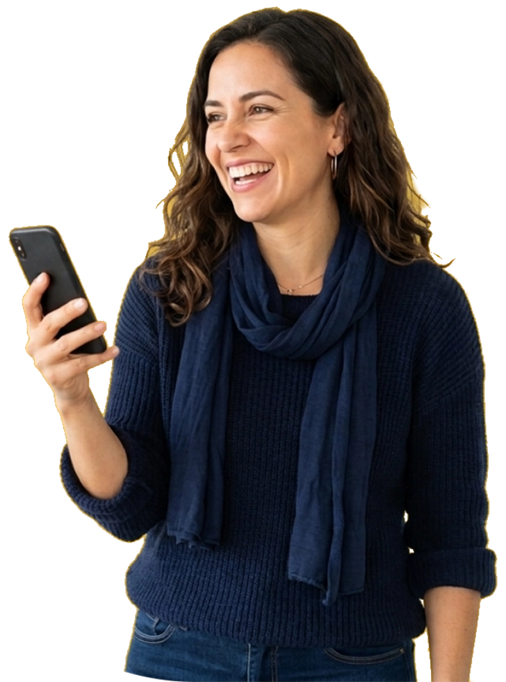 Emprendedora sonriendo mientras usa su celular